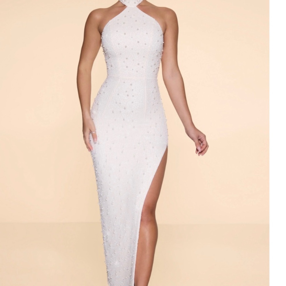Ohpolly EMBELLISHED HIGH NECK SPLIT MAXI DRESS IN IVORY